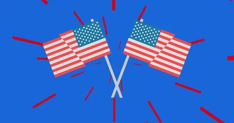 Composition of american flags with red rays on blue background Stock Illustration