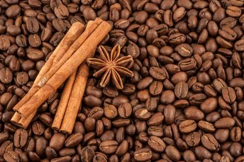 Composition of anise, coffee beans and cinnamon 스톡 사진