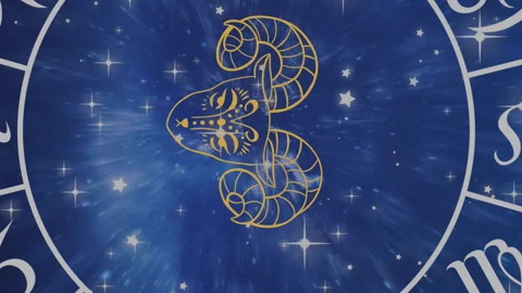 Composition of aries star sign symbol in spinning zodiac wheel over glowing Vídeo Stock 312409418