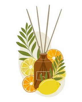 Composition with aroma diffusor with abstract shape and greenery, orange, l.. Stock Illustration