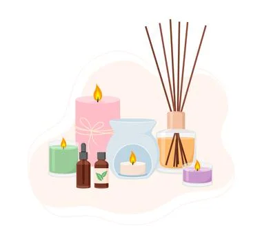 Composition of aroma lamp, diffuser, candles and essential oils Illustrazione stock