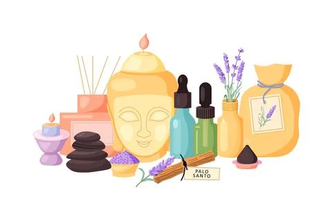 Composition with aromatherapy accessories with essential oils. Candle Buddha, Stock Illustration