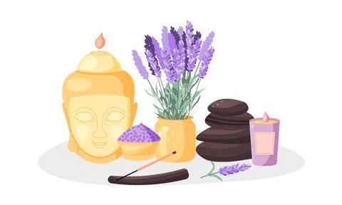 Composition with aromatherapy accessories with essential oils. Candle Buddha, Stock Illustration