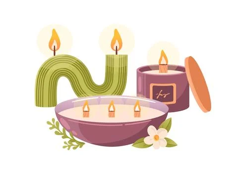 Composition of aromatic burning soy candles. In a glass and bowl with wooden Illustrazione stock
