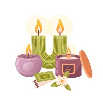 Composition of aromatic burning soy candles. In a glass with a wooden wick Stock Illustration