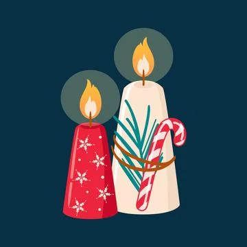 Composition of aromatic burning soy Christmas candles, spruce branch, candy cane Stock Illustration