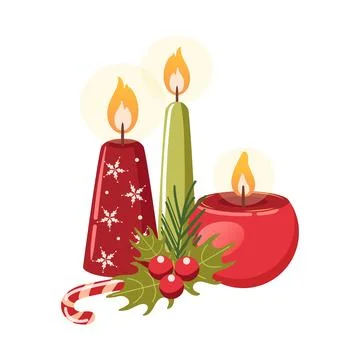 Composition of aromatic burning soy Christmas candles, holly, holiday decor Stock Illustration