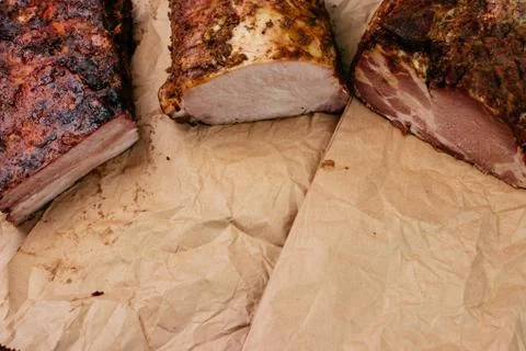 Composition of aromatic, smoked cold cuts. place for text 스톡 사진