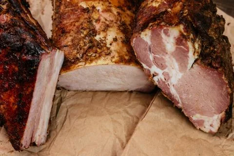Composition of aromatic, smoked cold cuts Photos