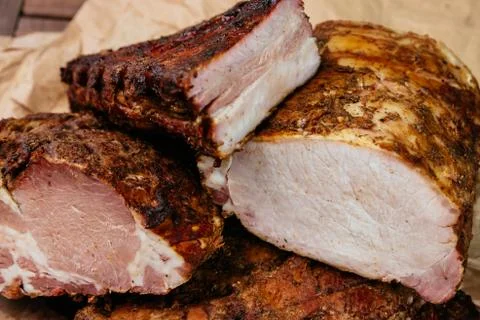 Composition of aromatic, smoked cold cuts. Close-up 库存照片