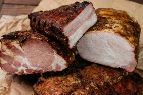 Composition of aromatic, smoked cold cuts Stock Photos