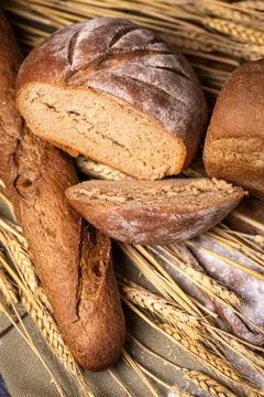 The composition of assorted bread products on the table Stock Photos