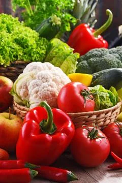 Composition with assorted organic vegetables and fruits. Stock Photos