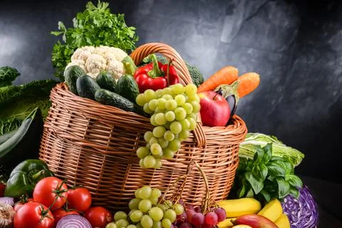 Composition with assorted organic vegetables and fruits. Stock Photos