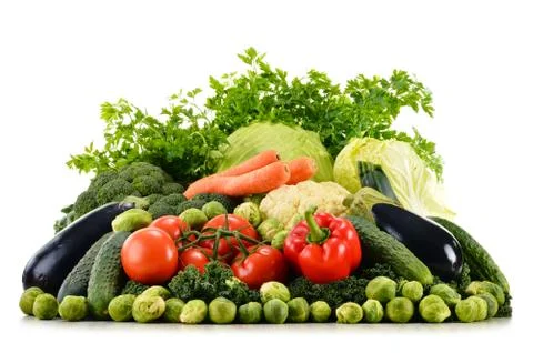 Composition with assorted raw organic vegetables isolated on white Stock Photos