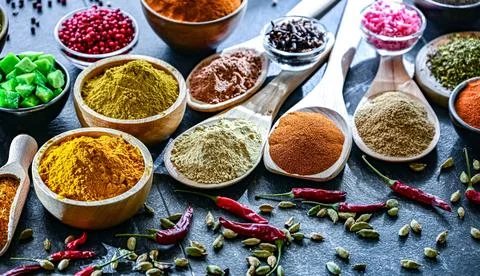 Composition with assorted spices and herbs. Stock Photos