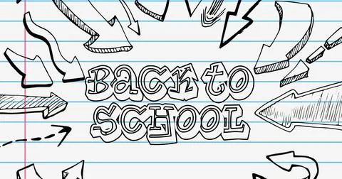 Composition of back to school text and arrows over exercise book Illustrazione stock