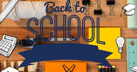 Composition of back to school text with school related items over objects on Stock Photos