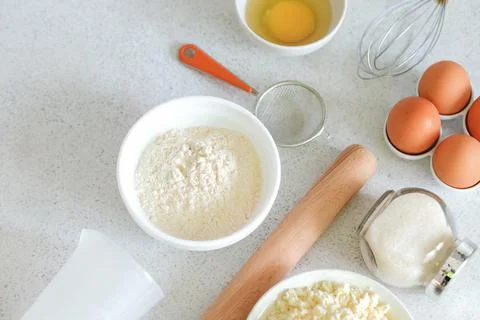 Composition with baking ingredients and cooking utensils Stock Photos