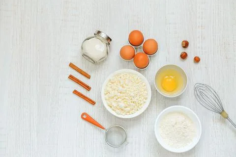 Composition with baking ingredients and cooking utensils Stock Photos