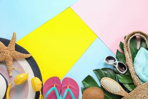 Composition with beach accessories and space for text on color background, fl Stock Photos