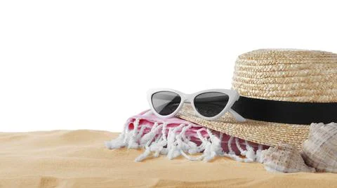 Composition with beach objects on sand against white background. Space for te 스톡 사진