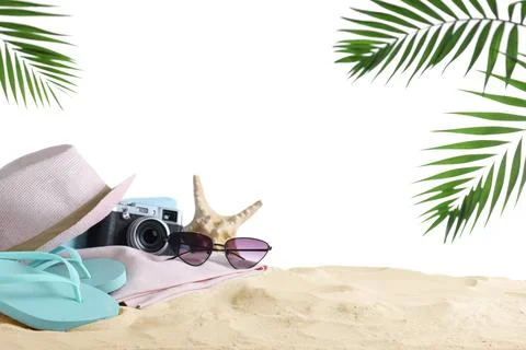 Composition with beach objects on sand against white background. Space for te 스톡 사진