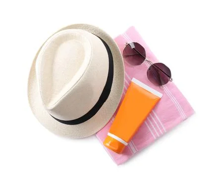 Composition with beach objects on white background, top view Fotos de archivo