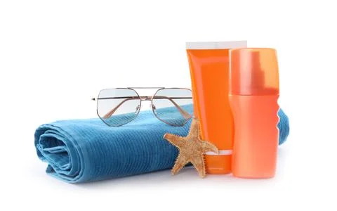 Composition with beach objects on white background Fotos de archivo