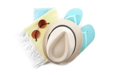 Composition with beach objects on white background, top view Fotos de archivo