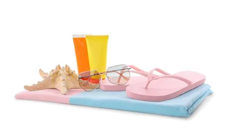 Composition with beach objects on white background Fotos de archivo