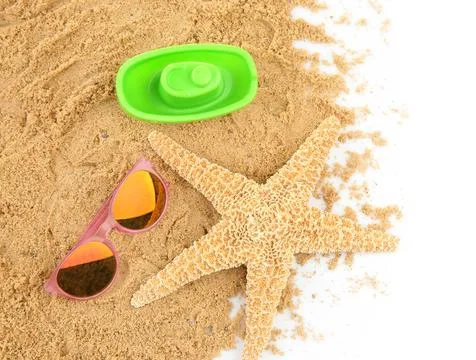 Composition with beach objects on white background, top view 写真素材