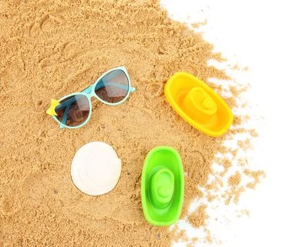 Composition with beach objects on white background, top view 写真素材