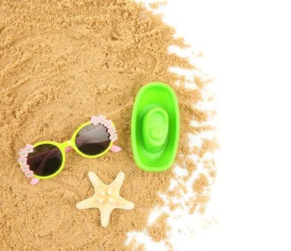 Composition with beach objects on white background, top view 写真素材