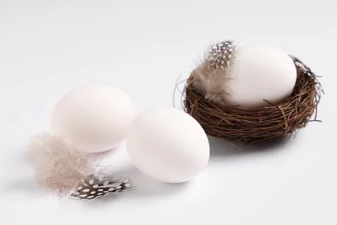 Composition with beautiful Easter eggs and nest isolated on white background, Stock Photos