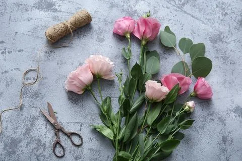 Composition with beautiful eustoma flowers, threads and scissors on grey grun Stock Photos
