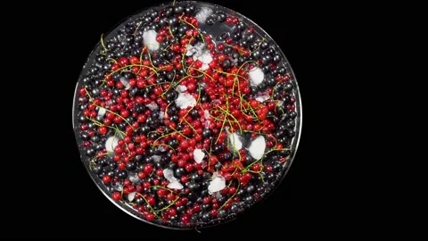 Composition of berries on a rotating table,black and red currants Stock Footage 158580531