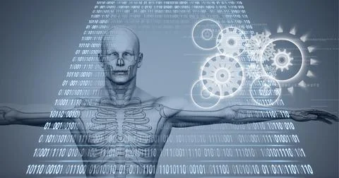 Composition of binary coding and cogs over human body 库存插图