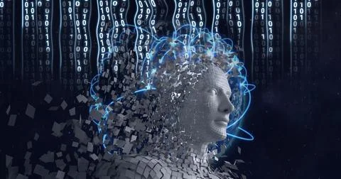 Composition of binary coding and connections around exploding human bust Stock Illustration