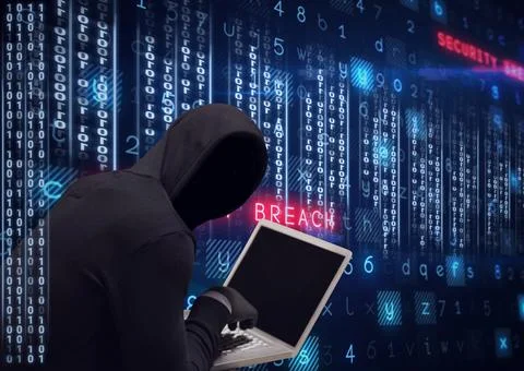 Composition of binary coding and cyber crime warning text over hacker in hood Stock Photos