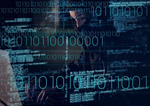 Composition of binary coding and data processing over hacker in balaclava Stock Illustration