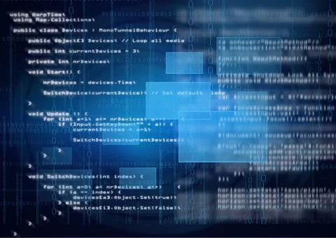 Composition of binary coding and data processing over blue glowing squares Illustrazione stock