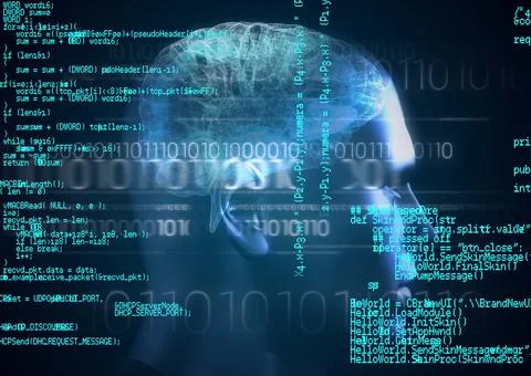 Composition of binary coding and data processing over human head Illustrazione stock