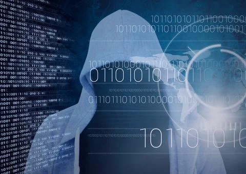Composition of binary coding and data processing over hacker in balaclava Stock Photos