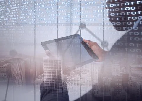 Composition of binary coding and data processing over man using tablet over 스톡 사진