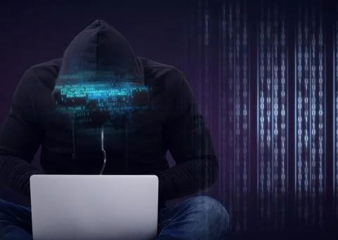 Composition of binary coding and data processing over hacker in hood using Foto stock