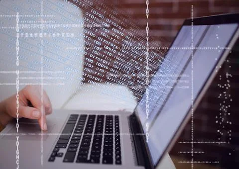 Composition of binary coding and data processing over person using laptop in Stock Photos