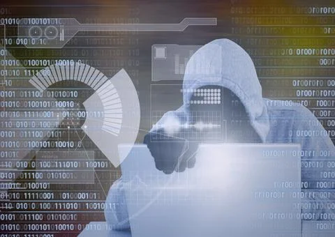 Composition of binary coding and data processing over hacker in hood and gloves Stock Photos