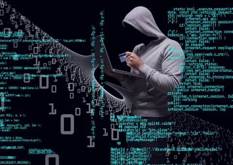 Composition of binary coding and data processing over hacker in hood using Stock Photos