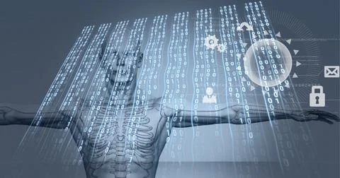 Composition of binary coding and digital icons over human body Stock Illustration